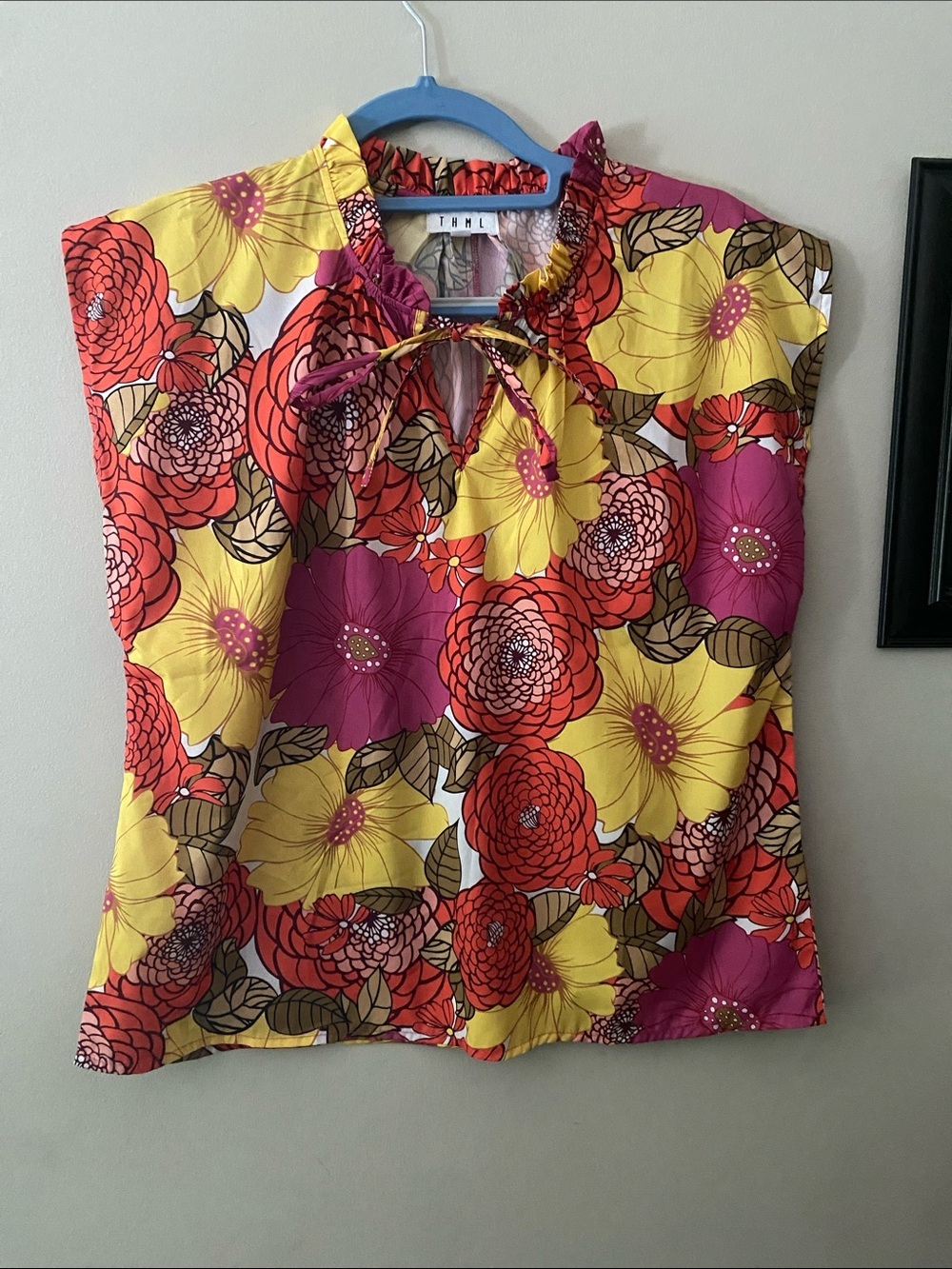 THML Yellow Magenta Red Floral Keyhole Sleeveless Top
